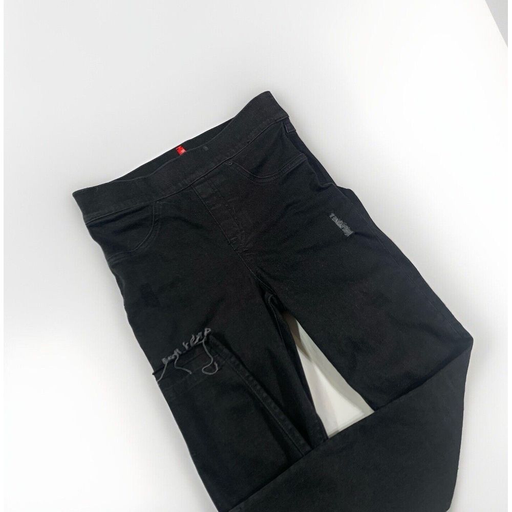 Spanx Distressed Ankle Skinny Jeans Size S Pull On Raw Hem Black Stretch Jegging
